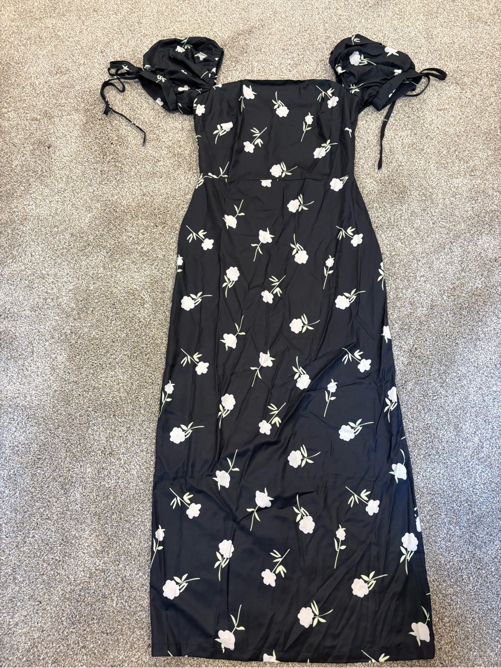 RIHOAS Black Midi Dress with White Floral Print and Puff Sleeves